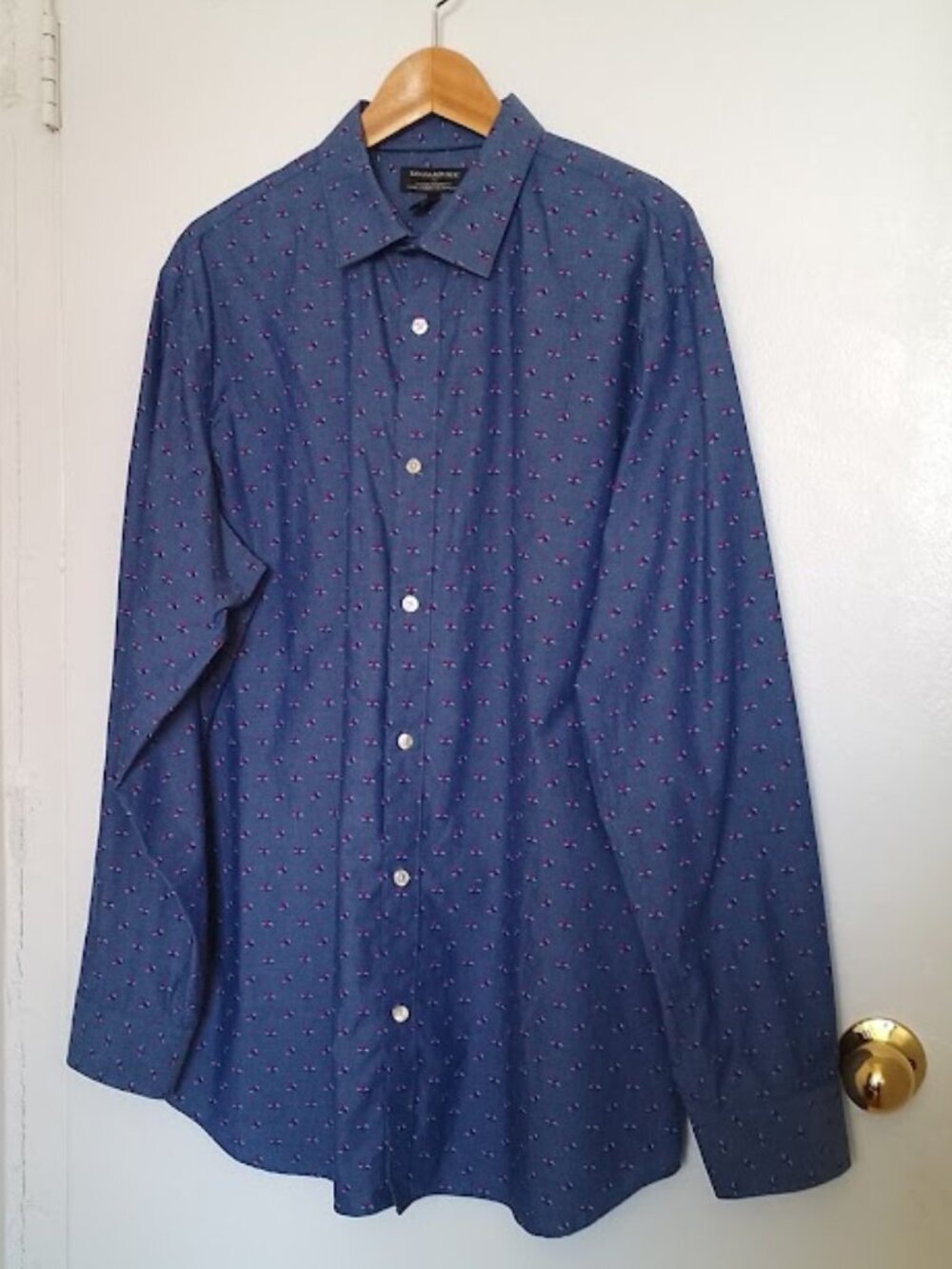 Banana Republic Mens' Dress Shirt, Blue w/Floral Print, Non-Iron, Size 17 1/2 XL